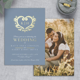 ブルーグレー金ゴールドハート結婚モノグラムの写真 箔招待状