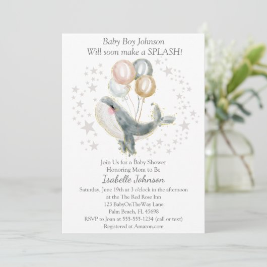 ブルーグレー金ゴールド水彩可愛いクジラ赤ちゃんシャワー 招待状 (スタンド正面)