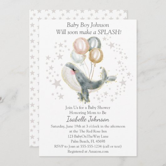 ブルーグレー金ゴールド水彩可愛いクジラ赤ちゃんシャワー 招待状 (正面/裏面)