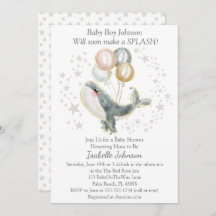 ブルーグレー金ゴールド水彩可愛いクジラ赤ちゃんシャワー