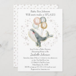 ブルーグレー金ゴールド水彩可愛いクジラ赤ちゃんシャワー 招待状