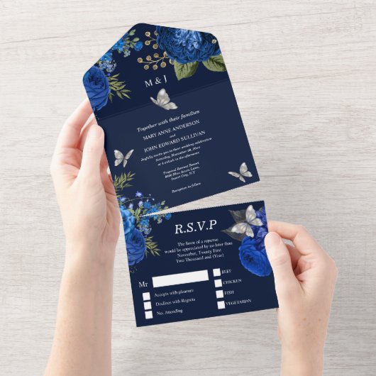 ブルーグレー銀バラエレガントバタフライ オールインワン招待状 (貼ってはがせる)