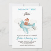 ブルーグレー飛行機タイムフライ1st誕生日 招待状 (正面)