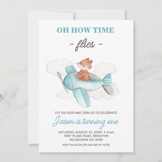 ブルーグレー飛行機タイムフライ1st誕生日 招待状 (正面)