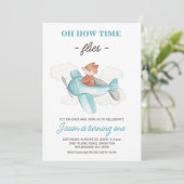 ブルーグレー飛行機タイムフライ1st誕生日 招待状 (スタンド正面)