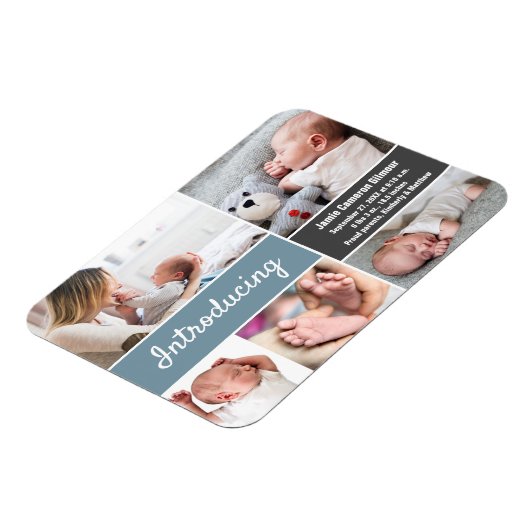 ブルーグレー おしゃれな男の子の写真コラージュ マグネット (左側)