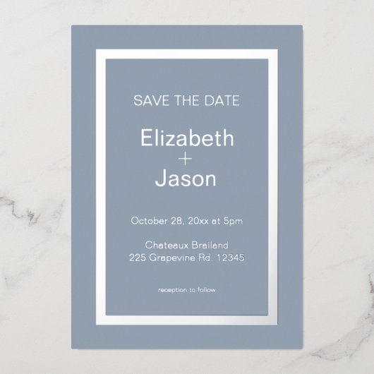 ブルーグレー シンプル ウェディング セーブザデート シルバー 箔招待状 (正面)