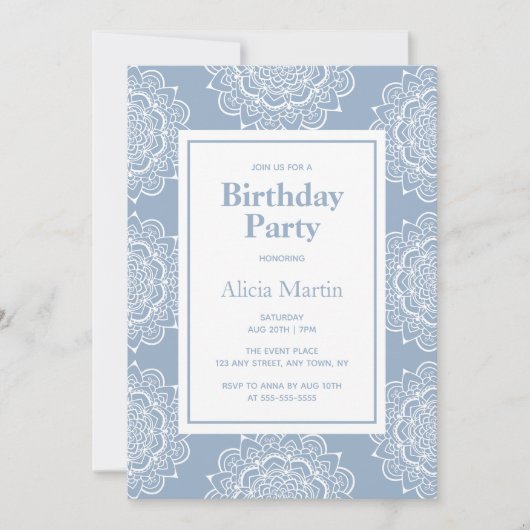 ブルーグレー&ホワイトマンダラフラワーバースデーパーティー 招待状 (正面)