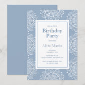 ブルーグレー&ホワイトマンダラフラワーバースデーパーティー 招待状 (正面/裏面)