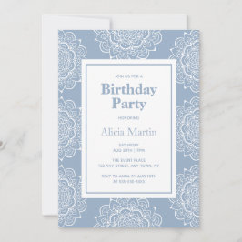 ブルーグレー&ホワイトマンダラフラワーバースデーパーティー 招待状