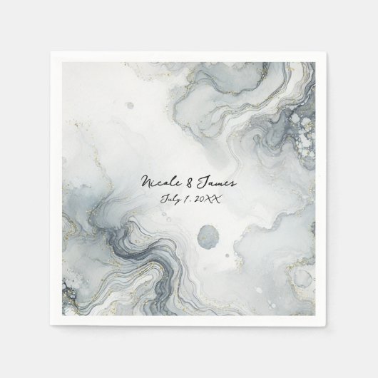 ブルーグレー&金ゴールドビーチイウォータービーチ結婚式 スタンダードカクテルナプキン (正面)