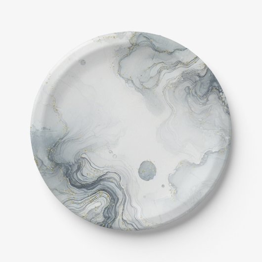 ブルーグレー&金ゴールドビーチイウォータービーチ結婚式 ペーパープレート (正面)