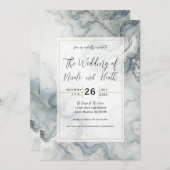 ブルーグレー&金ゴールドビーチイウォータービーチ結婚式 招待状 (正面/裏面)