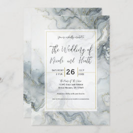 ブルーグレー&金ゴールドビーチイウォータービーチ結婚式 招待状