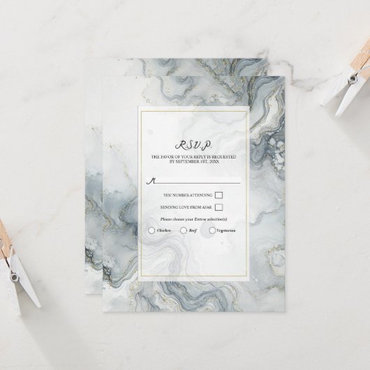 ブルーグレー&金ゴールドビーチイウォーター色ビーチRSVP 招待状 (正面/裏面インサイチュ)