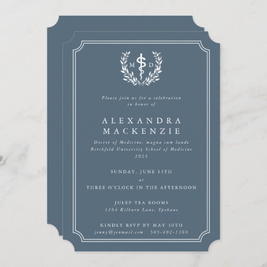 ブルーグレーMD Asclepius +ローレルリース卒業 招待状 (正面/裏面)