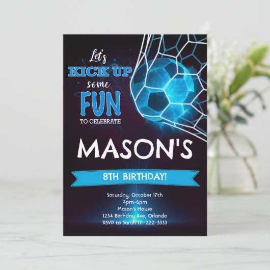 ブルーグローサッカー誕生日招待状 招待状 (スタンド正面)