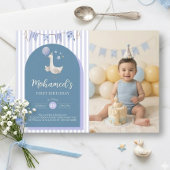 ブルーグースバルーンの男の子1歳の誕生日フォト 招待状