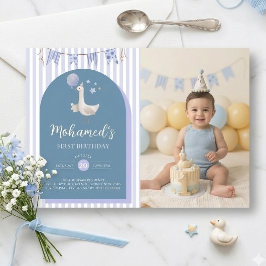 ブルーグースバルーンの男の子1歳の誕生日フォト 招待状