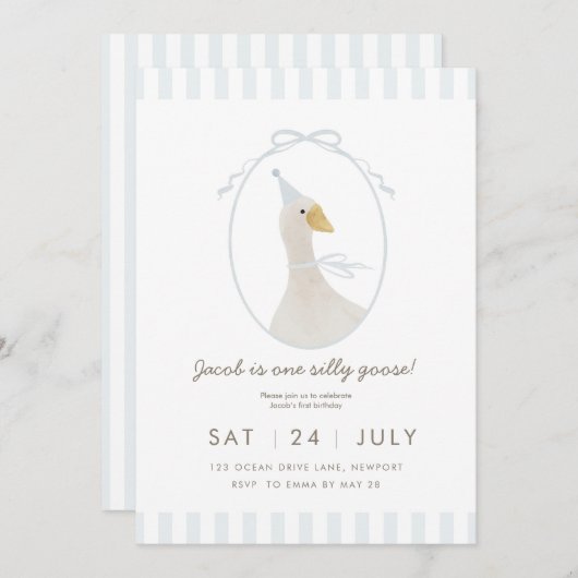 ブルーグース間抜けファースト誕生日招待状 招待状 (正面/裏面)