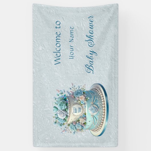 ブルーケーキ花赤ちゃんシャワー 横断幕 (縦)