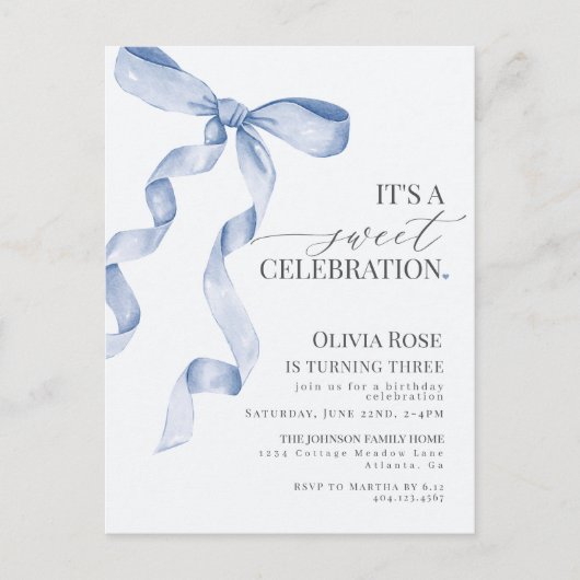 ブルーコケッタボーガール誕生日パーティー招待状 ポストカード (正面)