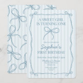 ブルーコケットボウパステルストライプのバースデーパーティー 招待状 (正面/裏面)