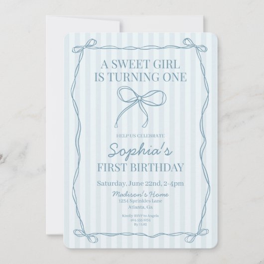 ブルーコケットボウパステルストライプのバースデーパーティー 招待状 (正面)