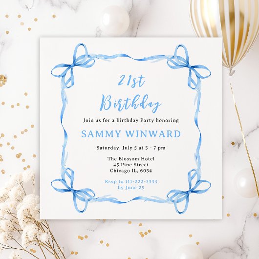 ブルーコケットリボン誕生日パーティー 招待状