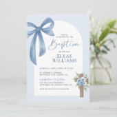 ブルーコケット弓フローラクロスボーイバプテスマ写真 招待状 (スタンド正面)