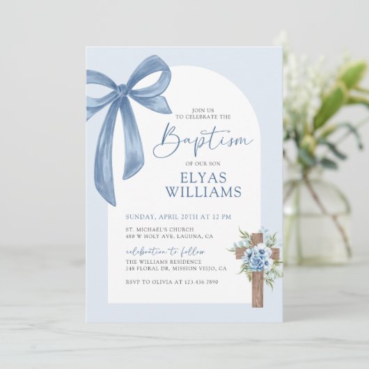 ブルーコケット弓フローラクロスボーイバプテスマ写真 招待状 (スタンド正面)