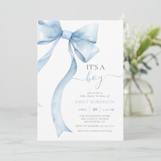 ブルーコケット弓男の子の赤ちゃんシャワーギンガム 招待状 (スタンド正面)