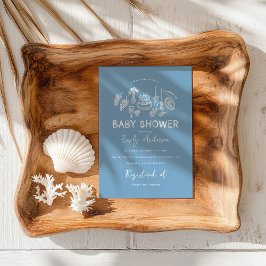 ブルーコケモダンット手引き赤ちゃんシャワー 招待状