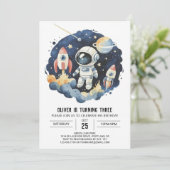 ブルーコスモスかわいい宇宙飛行士ボーイ誕生日 招待状 (スタンド正面)