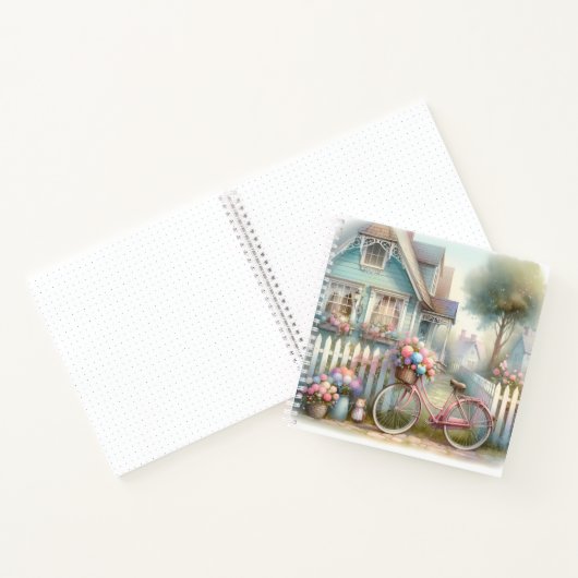 ブルーコテージの門にあるピンクの花の自転車 ノートブック (内部)