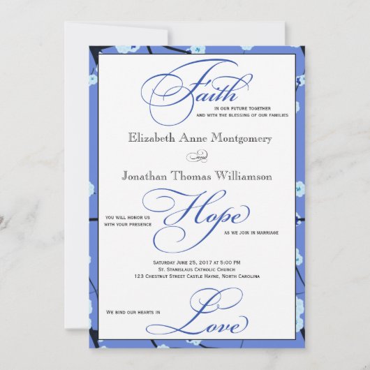 ブルーコンテンポラリーフローラ結婚クリスチャン 招待状 (正面)