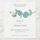 ブルーコンテンポラリーユーカリ葉は日付を保存Wi ワインラベル (シングルラベル)