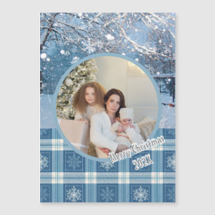 ブルーコージープレイドウィンタークリスマス磁気カード