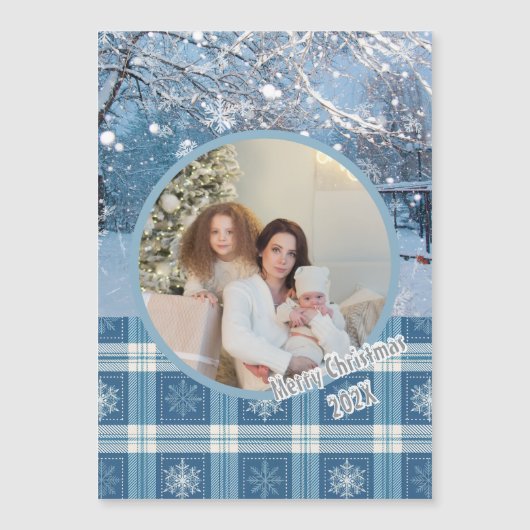 ブルーコージープレイドウィンタークリスマス磁気カード (正面)