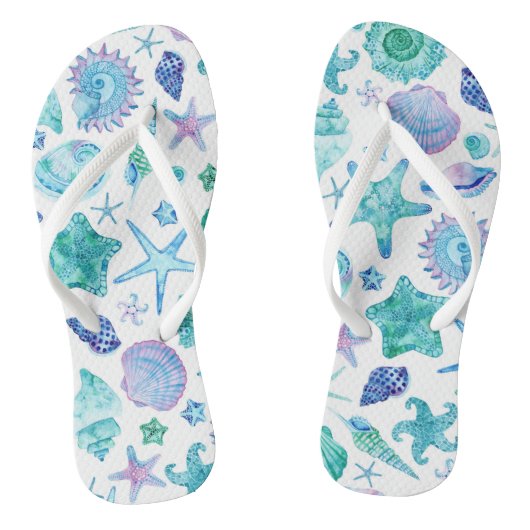 ブルーコースタルウォーター色の海の貝殻とヒトデ ビーチサンダル (ソール)