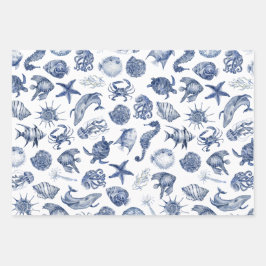 ブルーコースタルラッピング紙フラットシートセット3 ラッピングペーパーシート