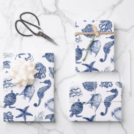 ブルーコースタルラッピング紙フラットシートセット3 ラッピングペーパーシート