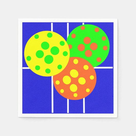 ブルーコートの黄色、オレンジ、緑のピックボール スタンダードカクテルナプキン (正面)