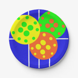 ブルーコートの黄色、オレンジ、緑のピックボール ペーパープレート