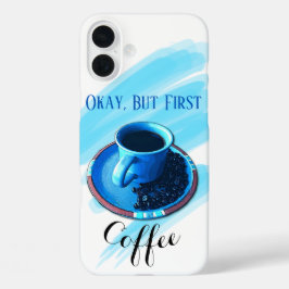 ブルーコーヒーカップソーサー豆「But First Coffee」 iPhone 16 Plusケース