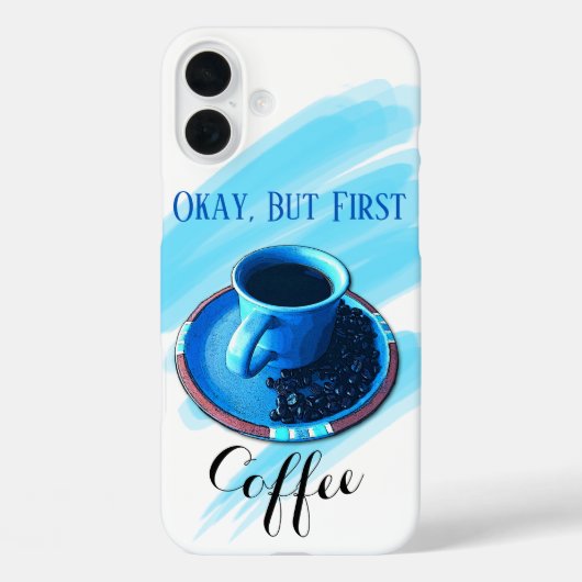 ブルーコーヒーカップソーサー豆「But First Coffee」 Case-Mate iPhoneケース (裏面)