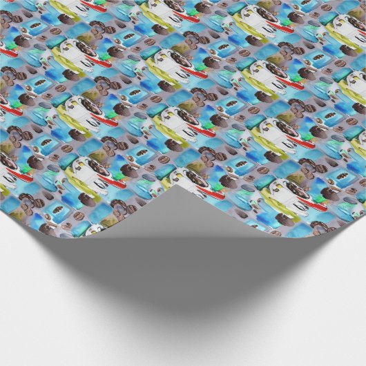 ブルーコーヒーカップ水彩パターン ラッピングペーパー (角)