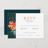 ブルーコーラルウォーター色フローラエレガントな結婚式 出欠カード (正面/裏面)