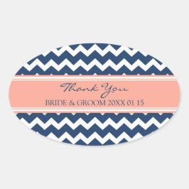 ブルーコーラルシェブロンサンキュー結婚式の引き出物ラベル 楕円形シール