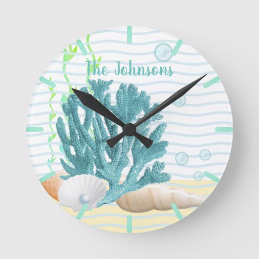 ブルーコーラルシーシェル&ブルーパール ラウンド壁時計 (正面)